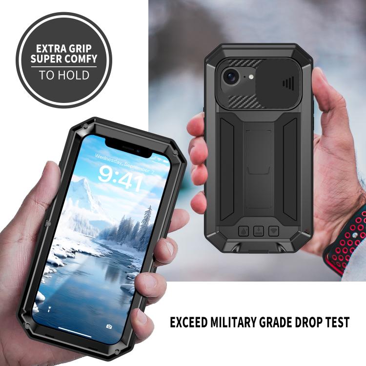 For iPhone 16e R-JUST Sliding Camera IP54 Life Waterproof Holder Phone Case(Black) - iPhone 16e Cases by R-JUST | Online Shopping South Africa | PMC TechLife | Buy Now Pay Later Mobicred