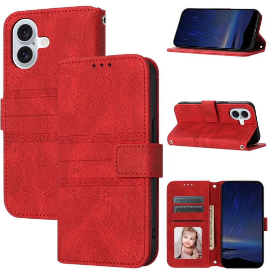 For iPhone 16 Embossed Stripes Skin Feel Leather Phone Case(Red) - iPhone 16 Cases by PMC Jewellery | Online Shopping South Africa | PMC Jewellery | Buy Now Pay Later Mobicred