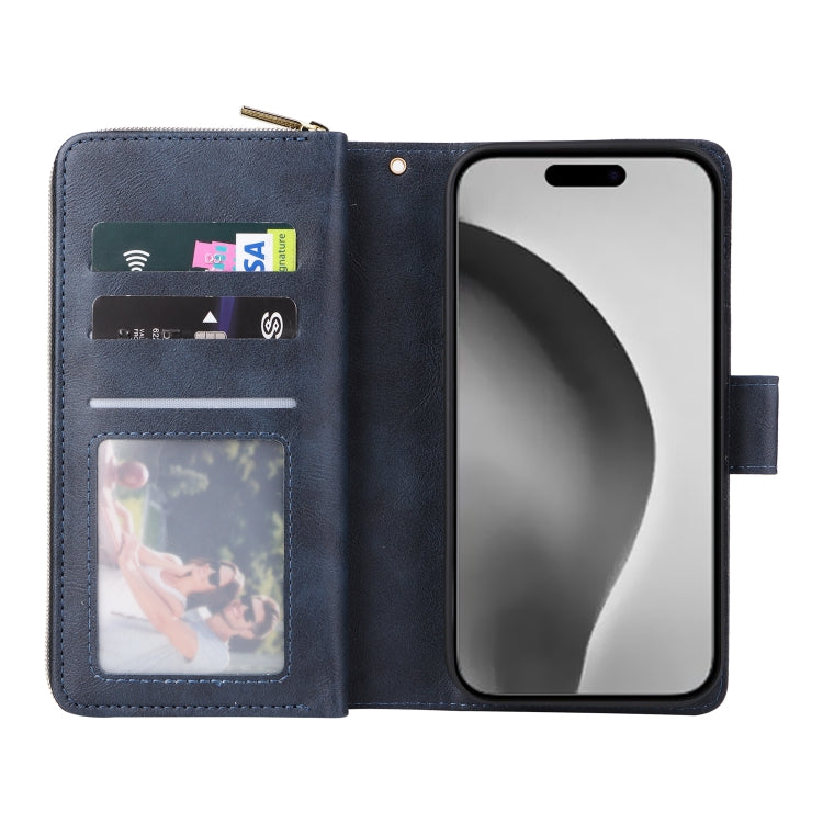 For iPhone 16 Pro Max 9 Card Slots Zipper Wallet Bag Leather Phone Case(Blue) - iPhone 16 Pro Max Cases by PMC TechLife | Online Shopping South Africa | PMC TechLife | Buy Now Pay Later Mobicred