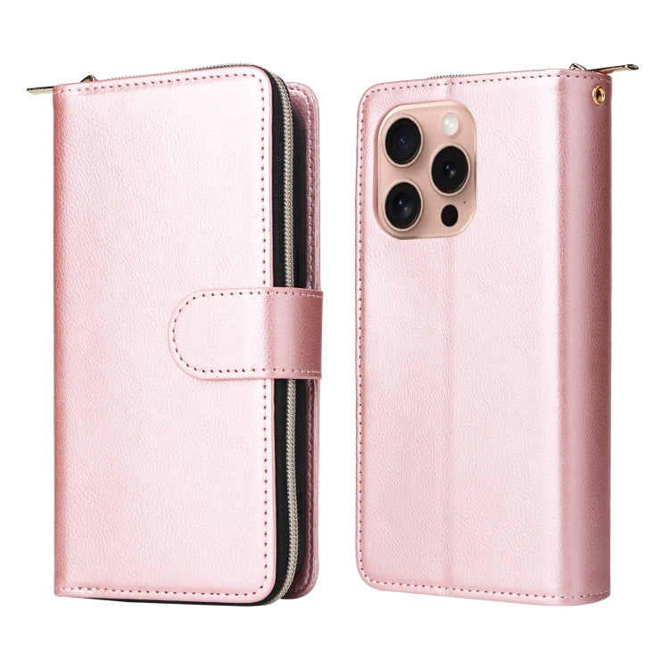 For iPhone 16 Pro 9 Card Slots Zipper Wallet Bag Leather Phone Case(Rose Gold) - iPhone 16 Pro Cases by PMC Jewellery | Online Shopping South Africa | PMC Jewellery | Buy Now Pay Later Mobicred