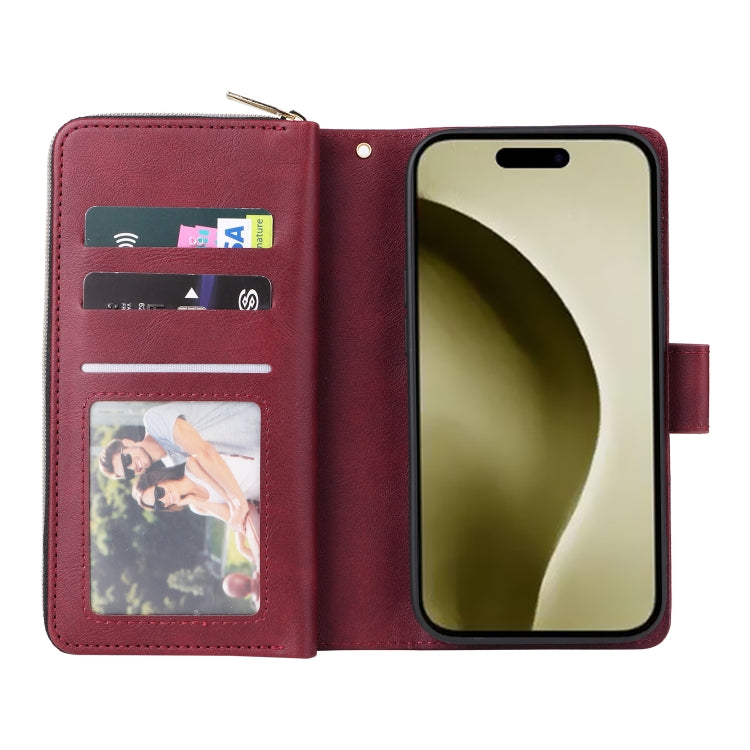 For iPhone 16 Pro 9 Card Slots Zipper Wallet Bag Leather Phone Case(Wine Red) - iPhone 16 Pro Cases by PMC Jewellery | Online Shopping South Africa | PMC Jewellery | Buy Now Pay Later Mobicred