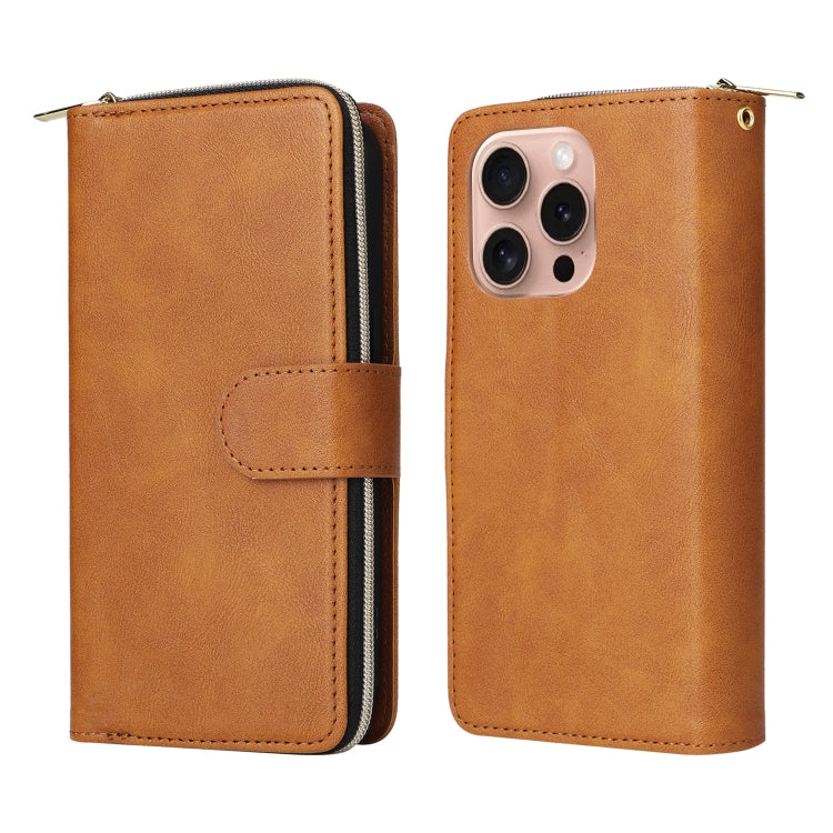 For iPhone 16 Pro 9 Card Slots Zipper Wallet Bag Leather Phone Case(Brown) - iPhone 16 Pro Cases by PMC Jewellery | Online Shopping South Africa | PMC Jewellery | Buy Now Pay Later Mobicred