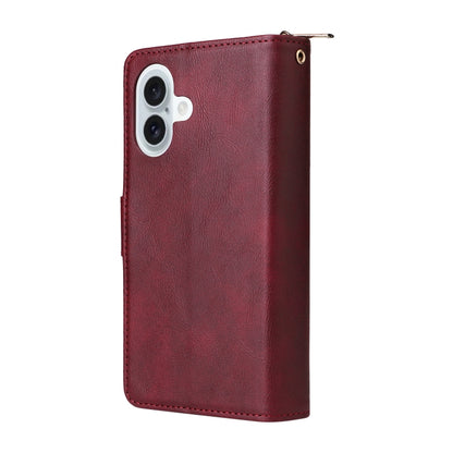 For iPhone 16 Plus 9 Card Slots Zipper Wallet Bag Leather Phone Case(Wine Red) - iPhone 16 Plus Cases by PMC Jewellery | Online Shopping South Africa | PMC Jewellery | Buy Now Pay Later Mobicred