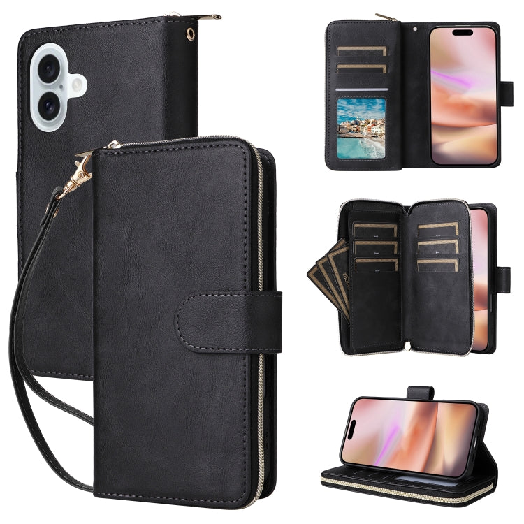 For iPhone 16 Plus 9 Card Slots Zipper Wallet Bag Leather Phone Case(Black) - free shipping - PMC Jewellery - Order now!