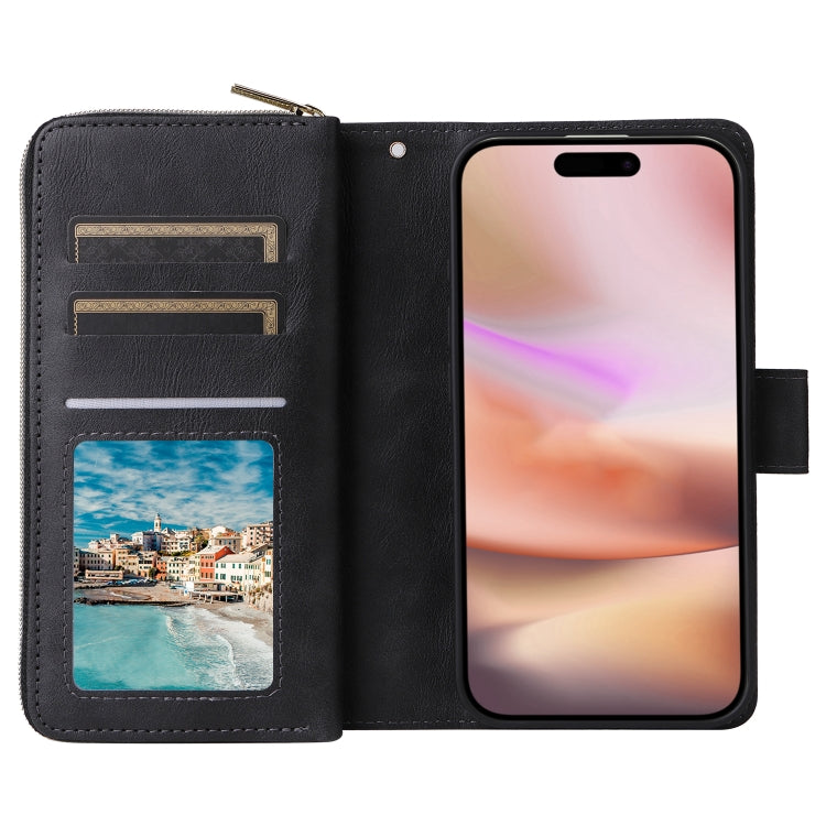 For iPhone 16 Plus 9 Card Slots Zipper Wallet Bag Leather Phone Case(Black) - free shipping - PMC Jewellery - Order now!