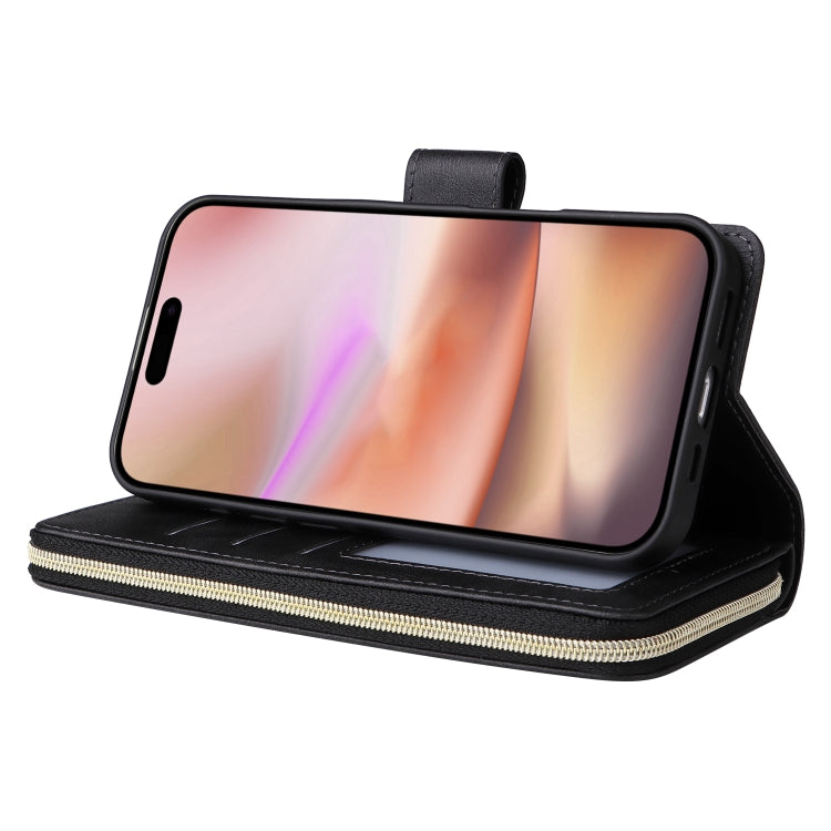 For iPhone 16 Plus 9 Card Slots Zipper Wallet Bag Leather Phone Case(Black) - free shipping - PMC Jewellery - Order now!