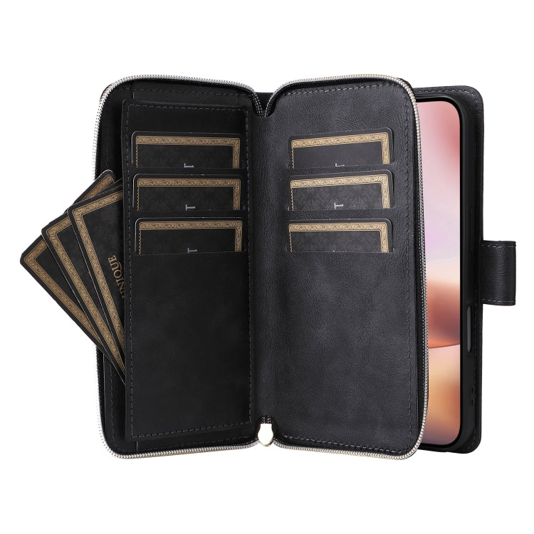 For iPhone 16 Plus 9 Card Slots Zipper Wallet Bag Leather Phone Case(Black) - free shipping - PMC Jewellery - Order now!