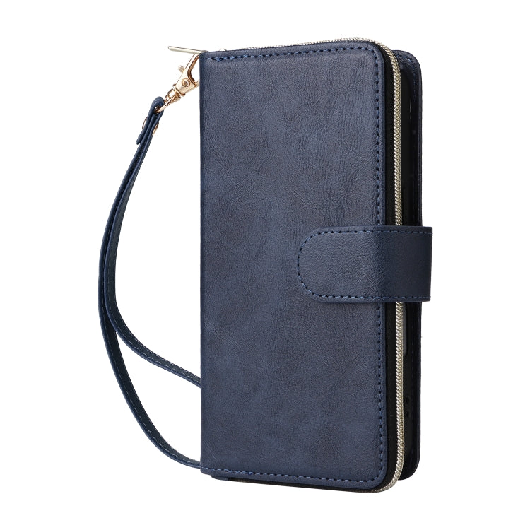 For iPhone 16 9 Card Slots Zipper Wallet Bag Leather Phone Case(Blue) - iPhone 16 Cases by PMC Jewellery | Online Shopping South Africa | PMC Jewellery | Buy Now Pay Later Mobicred