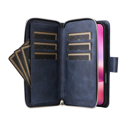 For iPhone 16 9 Card Slots Zipper Wallet Bag Leather Phone Case(Blue) - iPhone 16 Cases by PMC Jewellery | Online Shopping South Africa | PMC Jewellery | Buy Now Pay Later Mobicred