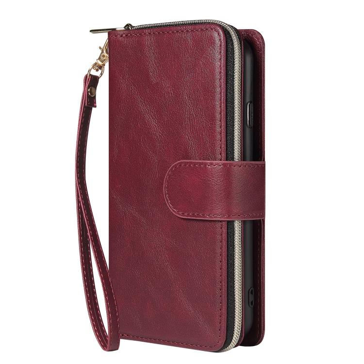 For iPhone 16e 9 Card Slots Zipper Wallet Bag Leather Phone Case(Wine Red) - iPhone 16e Cases by PMC TechLife | Online Shopping South Africa | PMC TechLife | Buy Now Pay Later Mobicred
