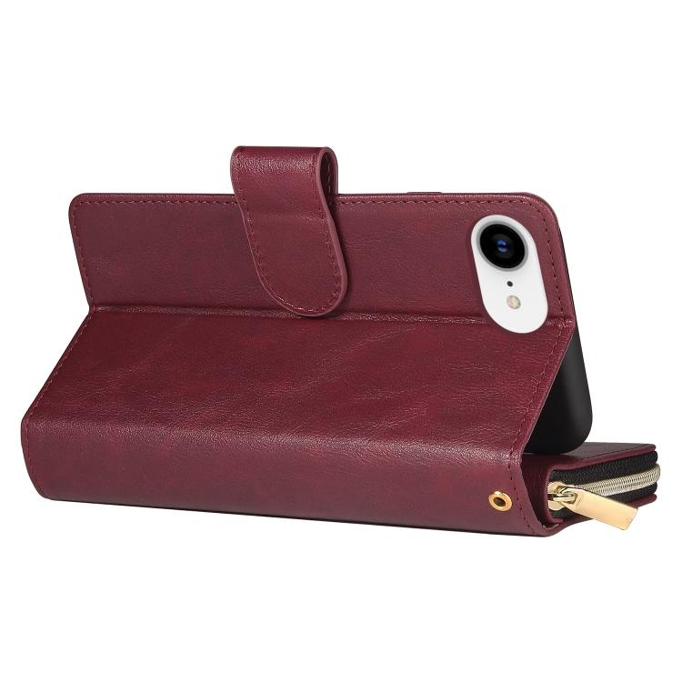 For iPhone 16e 9 Card Slots Zipper Wallet Bag Leather Phone Case(Wine Red) - iPhone 16e Cases by PMC TechLife | Online Shopping South Africa | PMC TechLife | Buy Now Pay Later Mobicred