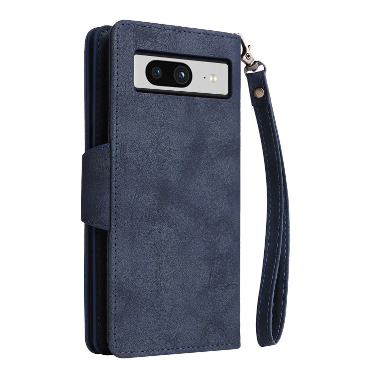 For Google Pixel 8 Rivet Buckle 9 Cards Three Fold Leather Phone Case(Blue) - Google Cases by PMC TechLife | Online Shopping South Africa | PMC TechLife | Buy Now Pay Later Mobicred