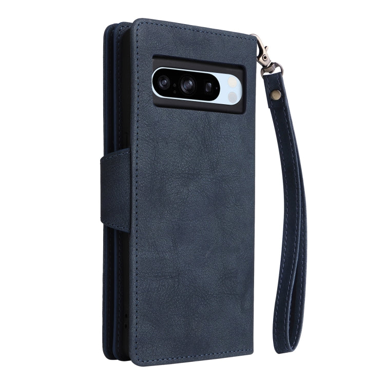 For Google Pixel 8a Rivet Buckle 9 Cards Three Fold Leather Phone Case(Blue) - Google Cases by PMC Jewellery | Online Shopping South Africa | PMC Jewellery | Buy Now Pay Later Mobicred