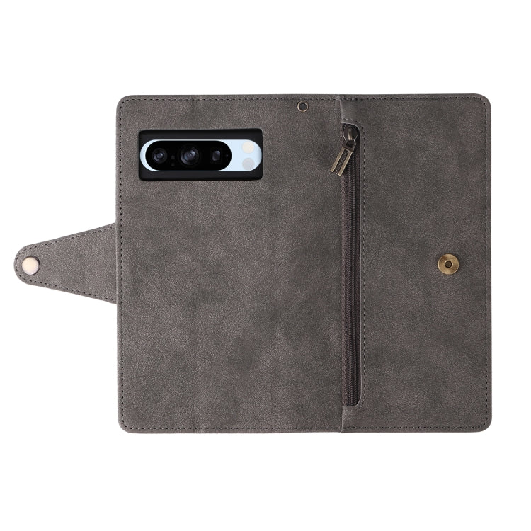 For Google Pixel 8a Rivet Buckle 9 Cards Three Fold Leather Phone Case(Grey) - Google Cases by PMC Jewellery | Online Shopping South Africa | PMC Jewellery | Buy Now Pay Later Mobicred