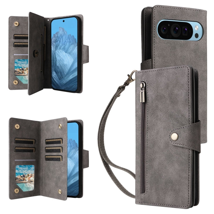 For Google Pixel 9 Rivet Buckle 9 Cards Three Fold Leather Phone Case(Grey) - Google Cases by PMC TechLife | Online Shopping South Africa | PMC TechLife | Buy Now Pay Later Mobicred