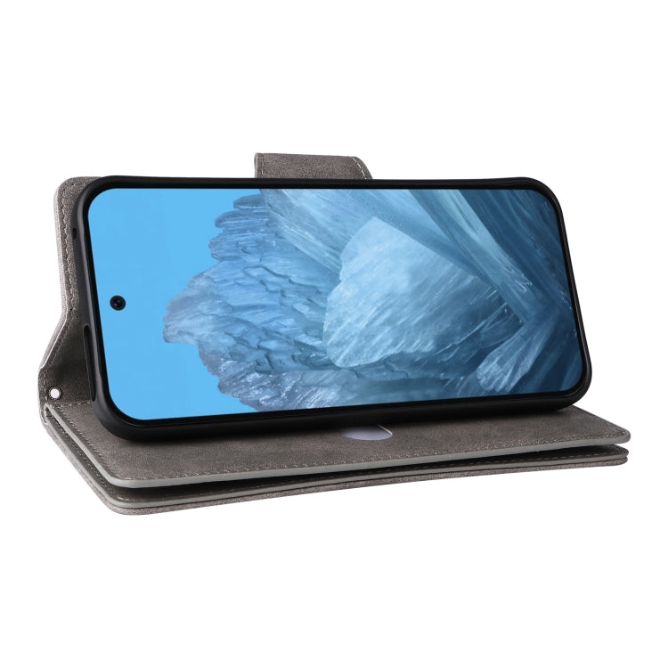 For Google Pixel 9 Rivet Buckle 9 Cards Three Fold Leather Phone Case(Grey) - Google Cases by PMC TechLife | Online Shopping South Africa | PMC TechLife | Buy Now Pay Later Mobicred