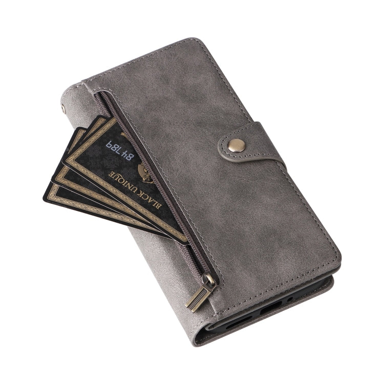 For Google Pixel 9 Rivet Buckle 9 Cards Three Fold Leather Phone Case(Grey) - Google Cases by PMC TechLife | Online Shopping South Africa | PMC TechLife | Buy Now Pay Later Mobicred