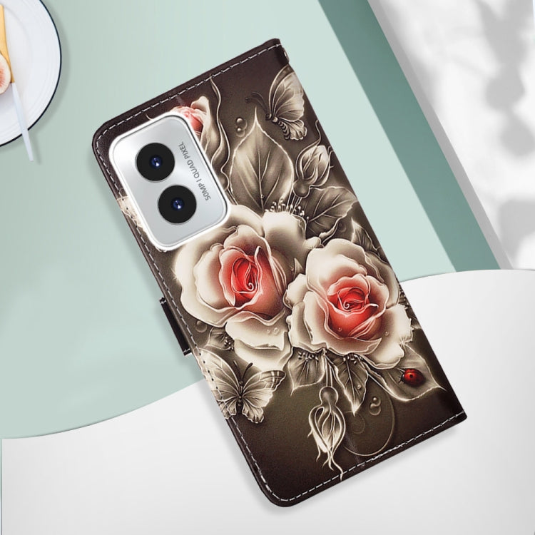 For Motorola Moto G Play 4G 2024 Colored Drawing Pattern Plain Weave Leather Phone Case(Roses On Black) - Motorola Cases by PMC Jewellery | Online Shopping South Africa | PMC Jewellery | Buy Now Pay Later Mobicred