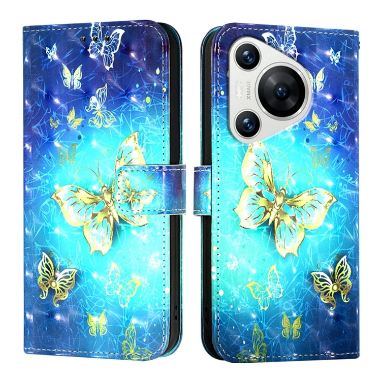 For Huawei Pura 70 3D Painting Horizontal Flip Leather Phone Case(Golden Butterfly) - Huawei Cases by PMC Jewellery | Online Shopping South Africa | PMC Jewellery | Buy Now Pay Later Mobicred