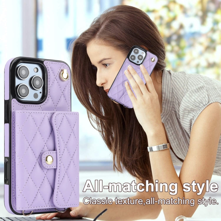 For iPhone 16 Pro Max Crossbody Rhombic Horizontal Wallet Leather Phone Case(Purple) - iPhone 16 Pro Max Cases by PMC Jewellery | Online Shopping South Africa | PMC Jewellery | Buy Now Pay Later Mobicred