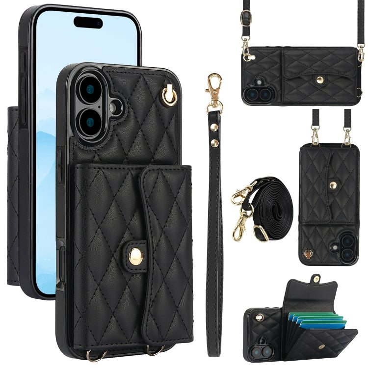 For iPhone 16 Crossbody Rhombic Horizontal Wallet Leather Phone Case(Black) - iPhone 16 Cases by PMC Jewellery | Online Shopping South Africa | PMC Jewellery | Buy Now Pay Later Mobicred