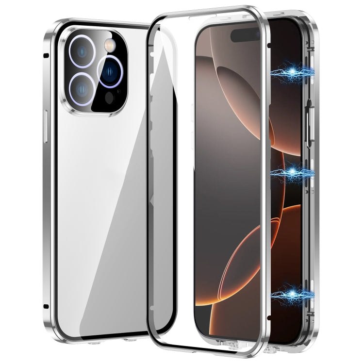 For iPhone 16 Pro Magnetic Double-buckle HD Tempered Glass Phone Case(Silver) - iPhone 16 Pro Cases by PMC Jewellery | Online Shopping South Africa | PMC Jewellery | Buy Now Pay Later Mobicred