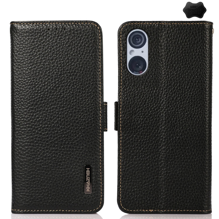 For Sony Xperia 5 V KHAZNEH Side-Magnetic Litchi Genuine Leather RFID Case(Black) - Sony Cases by PMC TechLife | Online Shopping South Africa | PMC TechLife | Buy Now Pay Later Mobicred
