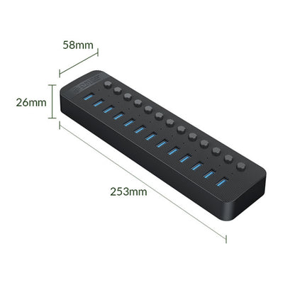 ORICO CT2U3-13AB Plastic Stripes 13 Ports USB 3.0 HUB with Individual Switches, Plug:UK Plug(Black) - USB 3.0 HUB by ORICO | Online Shopping South Africa | PMC Jewellery | Buy Now Pay Later Mobicred