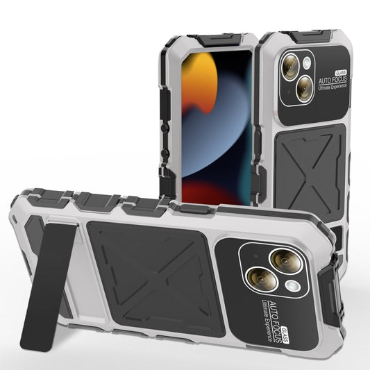 For iPhone 15 R-JUST Metal + Silicone + Tempered Glass Life Waterproof Phone Case with Holder(Silver) - iPhone 15 Cases by R-JUST | Online Shopping South Africa | PMC Jewellery
