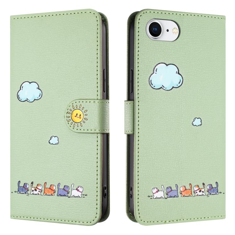 For iPhone 16e Cartoon Cats Leather Phone Case(Green) - iPhone 16e Cases by PMC TechLife | Online Shopping South Africa | PMC TechLife | Buy Now Pay Later Mobicred