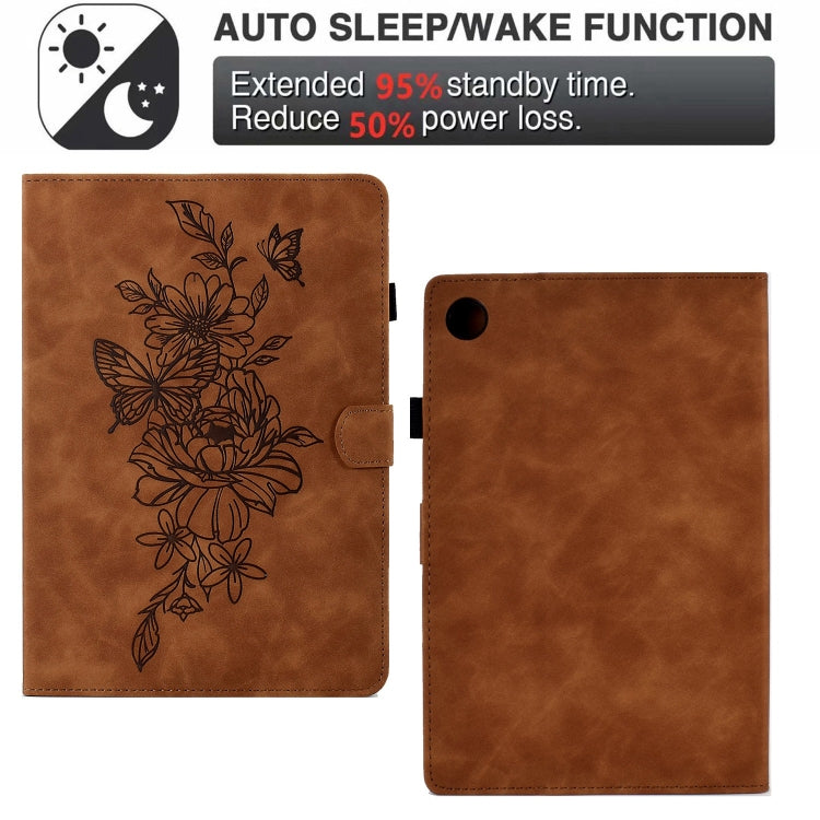 For Samsung Galaxy Tab A9+ Peony Butterfly Embossed Leather Smart Tablet Case(Brown) - Galaxy Tab A9+ by PMC Jewellery | Online Shopping South Africa | PMC Jewellery