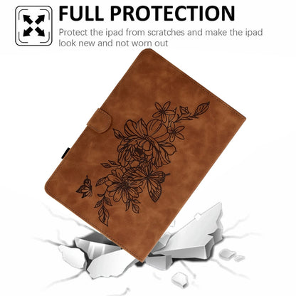 For Samsung Galaxy Tab A9+ Peony Butterfly Embossed Leather Smart Tablet Case(Brown) - Galaxy Tab A9+ by PMC Jewellery | Online Shopping South Africa | PMC Jewellery