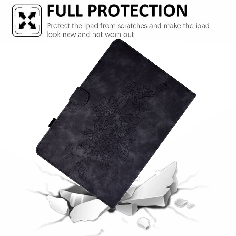 For Samsung Galaxy Tab A9+ Peony Butterfly Embossed Leather Smart Tablet Case(Black) - Galaxy Tab A9+ by PMC TechLife | Online Shopping South Africa | PMC TechLife