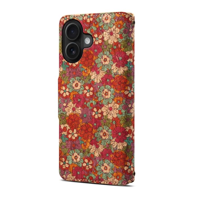 For iPhone 16 Denior Flower Language Series Cork Fabric Oil Edge Leather Phone Case(Summer) - iPhone 16 Cases by Denior | Online Shopping South Africa | PMC Jewellery | Buy Now Pay Later Mobicred