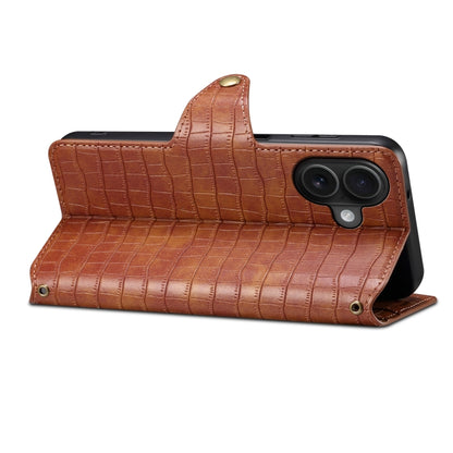 For iPhone 16 Denior Crocodile Texture Oil Edge Leather Phone Case(Brown) - iPhone 16 Cases by Denior | Online Shopping South Africa | PMC Jewellery | Buy Now Pay Later Mobicred