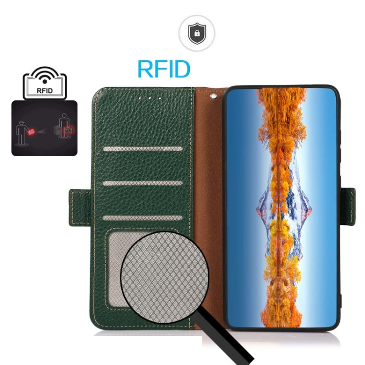 For Huawei Mate 60 KHAZNEH Side-Magnetic Litchi Genuine Leather RFID Case(Green) - Huawei Cases by PMC TechLife | Online Shopping South Africa | PMC TechLife | Buy Now Pay Later Mobicred