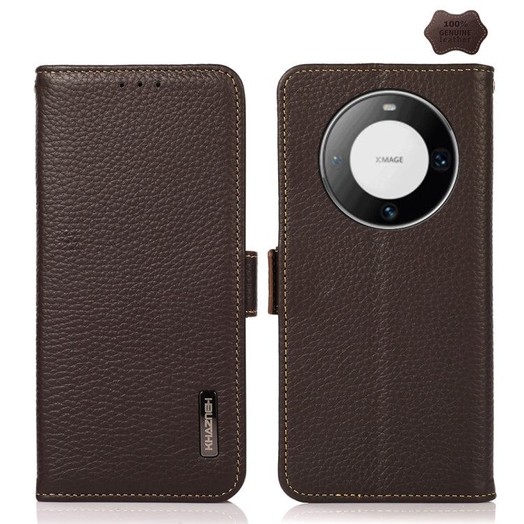 For Huawei Mate 60 KHAZNEH Side-Magnetic Litchi Genuine Leather RFID Case(Brown) - Huawei Cases by PMC TechLife | Online Shopping South Africa | PMC TechLife | Buy Now Pay Later Mobicred