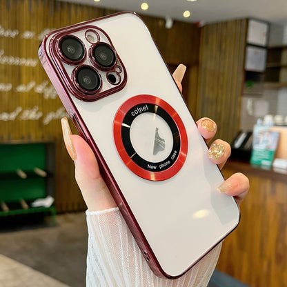 For iPhone 15 Pro Max Transparent Electroplated PC MagSafe Phone Case(Wine Red) - iPhone 15 Pro Max Cases by PMC Jewellery | Online Shopping South Africa | PMC Jewellery