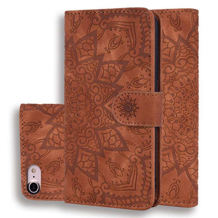 For iPhone 16e Mandala Embossed Dual-Fold Calf Leather Phone Case(Brown) - iPhone 16e Cases by PMC TechLife | Online Shopping South Africa | PMC TechLife | Buy Now Pay Later Mobicred