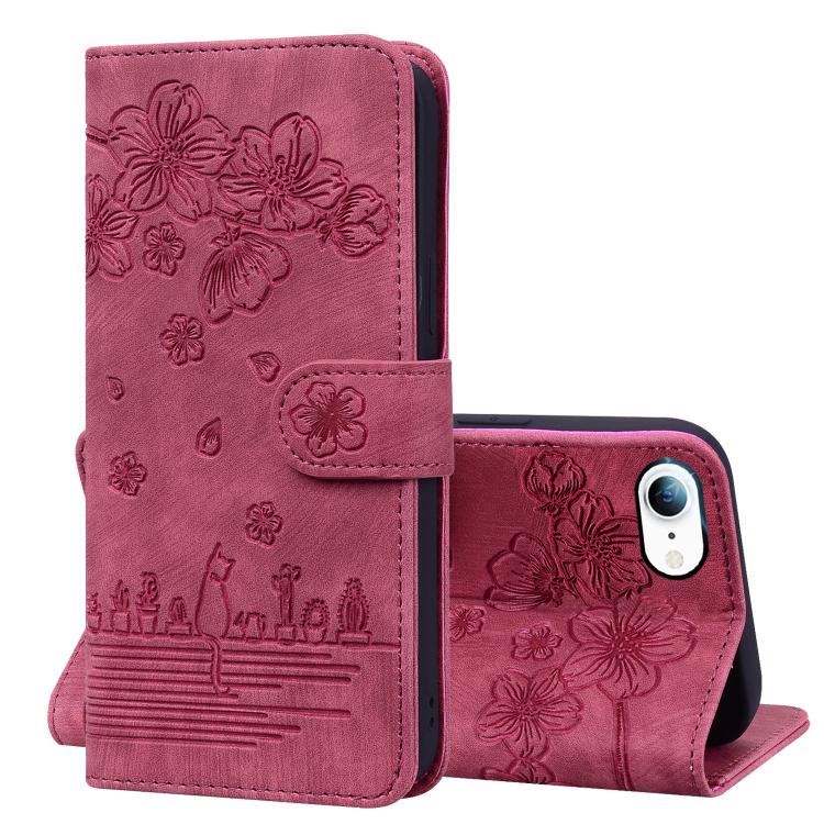 For iPhone 16e Cartoon Sakura Cat Embossed Leather Phone Case(Wine Red) - iPhone 16e Cases by PMC TechLife | Online Shopping South Africa | PMC TechLife | Buy Now Pay Later Mobicred