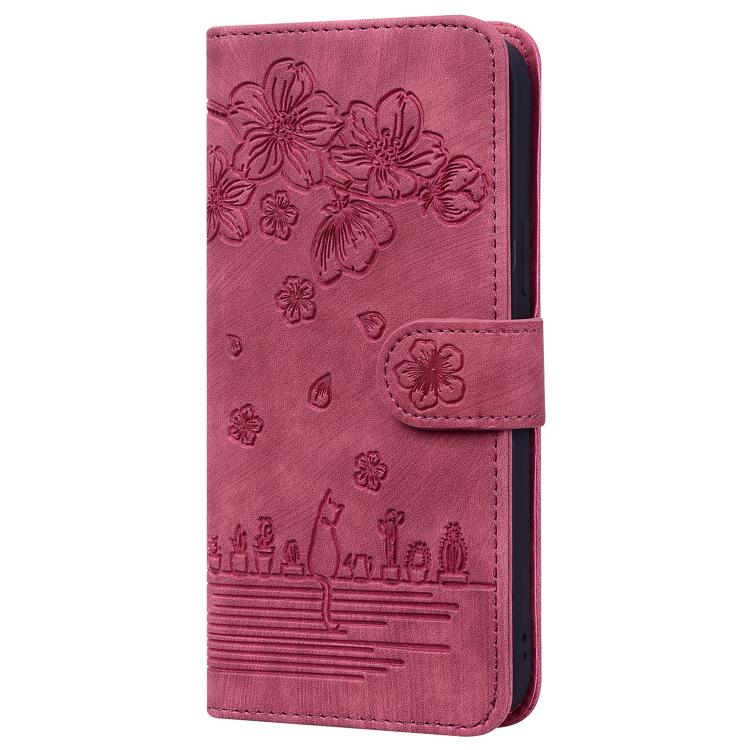 For iPhone 16e Cartoon Sakura Cat Embossed Leather Phone Case(Wine Red) - iPhone 16e Cases by PMC TechLife | Online Shopping South Africa | PMC TechLife | Buy Now Pay Later Mobicred