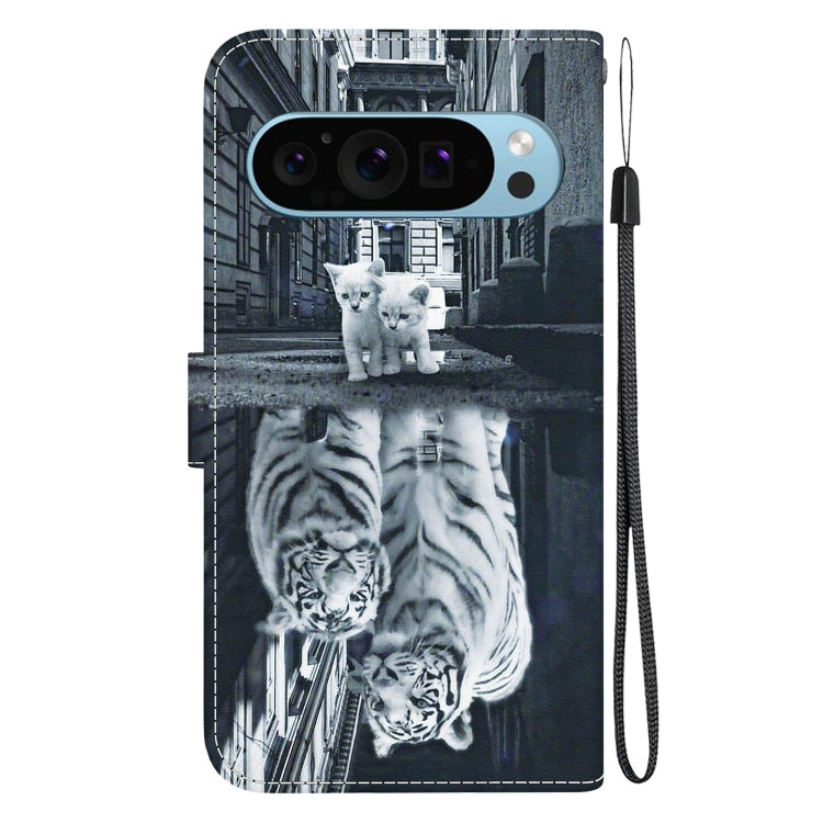 For Google Pixel 9 Crystal Texture Colored Drawing Leather Phone Case(Cat Tiger Reflection) - Google Cases by PMC TechLife | Online Shopping South Africa | PMC TechLife | Buy Now Pay Later Mobicred