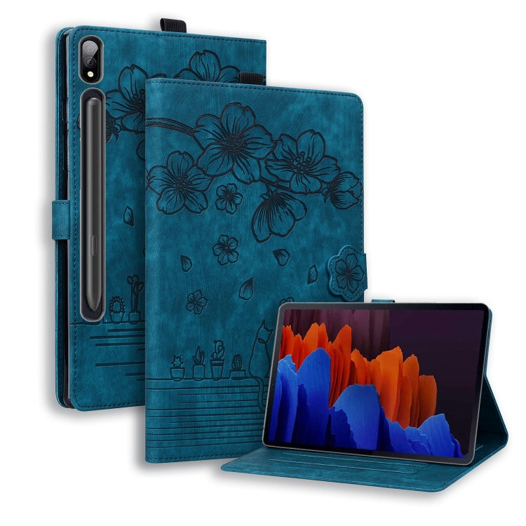 For Samsung Galaxy Tab S9+ /S8+ /S7+ Cartoon Sakura Cat Embossed Smart Leather Tablet Case(Blue) - Galaxy Tab S9+ Cases by PMC Jewellery | Online Shopping South Africa | PMC Jewellery | Buy Now Pay Later Mobicred