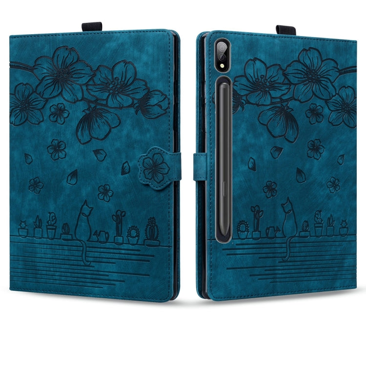 For Samsung Galaxy Tab S9+ /S8+ /S7+ Cartoon Sakura Cat Embossed Smart Leather Tablet Case(Blue) - Galaxy Tab S9+ Cases by PMC Jewellery | Online Shopping South Africa | PMC Jewellery | Buy Now Pay Later Mobicred