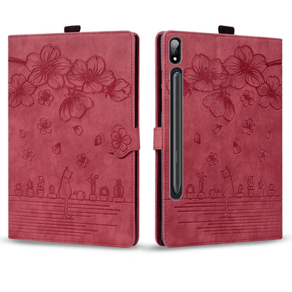 For Samsung Galaxy Tab S9 /S8 /S7 Cartoon Sakura Cat Embossed Smart Leather Tablet Case(Red) - Galaxy Tab S9 Cases by PMC Jewellery | Online Shopping South Africa | PMC Jewellery | Buy Now Pay Later Mobicred