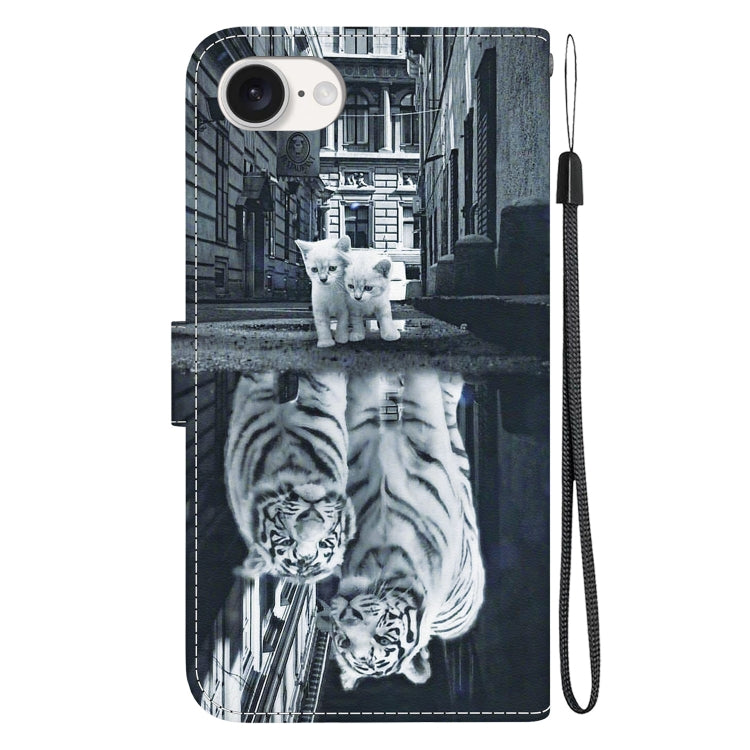 For iPhone SE 2024 Crystal Texture Colored Drawing Leather Phone Case(Cat Tiger Reflection) - More iPhone Cases by PMC Jewellery | Online Shopping South Africa | PMC Jewellery | Buy Now Pay Later Mobicred