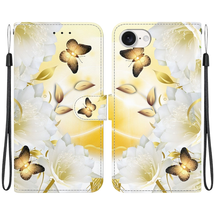 For iPhone 16e Crystal Texture Colored Drawing Leather Phone Case(Gold Butterfly Epiphyllum) - iPhone 16e Cases by PMC TechLife | Online Shopping South Africa | PMC TechLife | Buy Now Pay Later Mobicred
