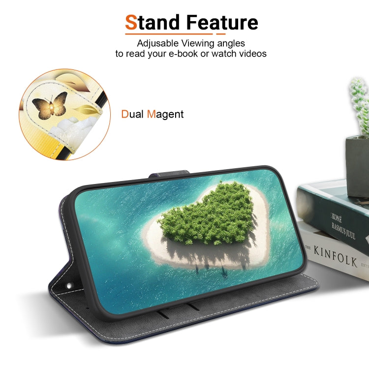For iPhone 16e Crystal Texture Colored Drawing Leather Phone Case(Gold Butterfly Epiphyllum) - iPhone 16e Cases by PMC TechLife | Online Shopping South Africa | PMC TechLife | Buy Now Pay Later Mobicred