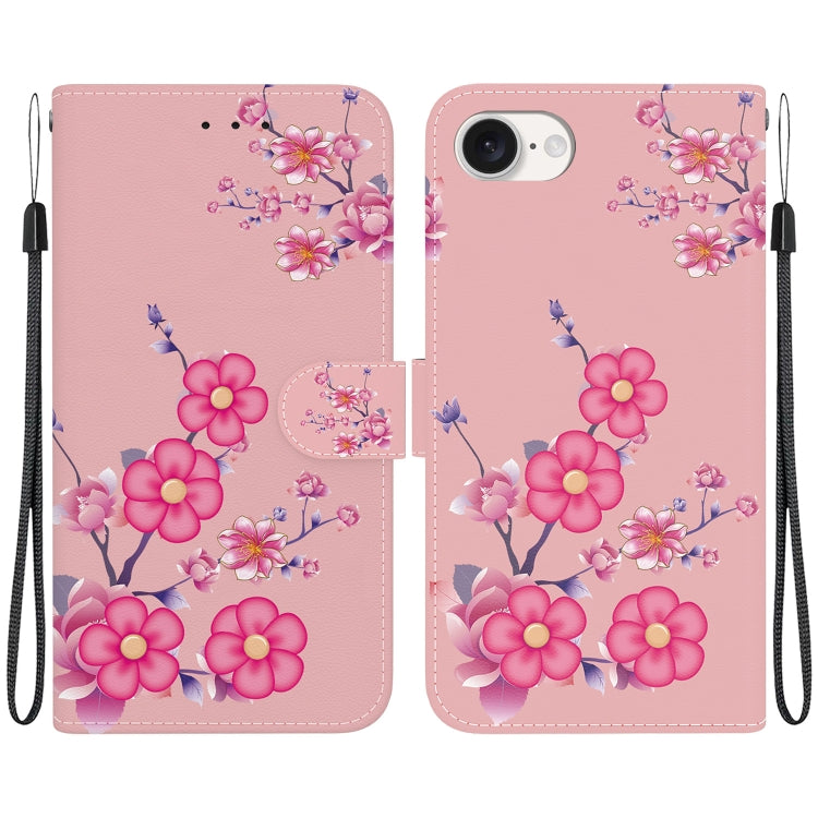 For iPhone 16e Crystal Texture Colored Drawing Leather Phone Case(Cherry Blossoms) - iPhone 16e Cases by PMC TechLife | Online Shopping South Africa | PMC TechLife | Buy Now Pay Later Mobicred
