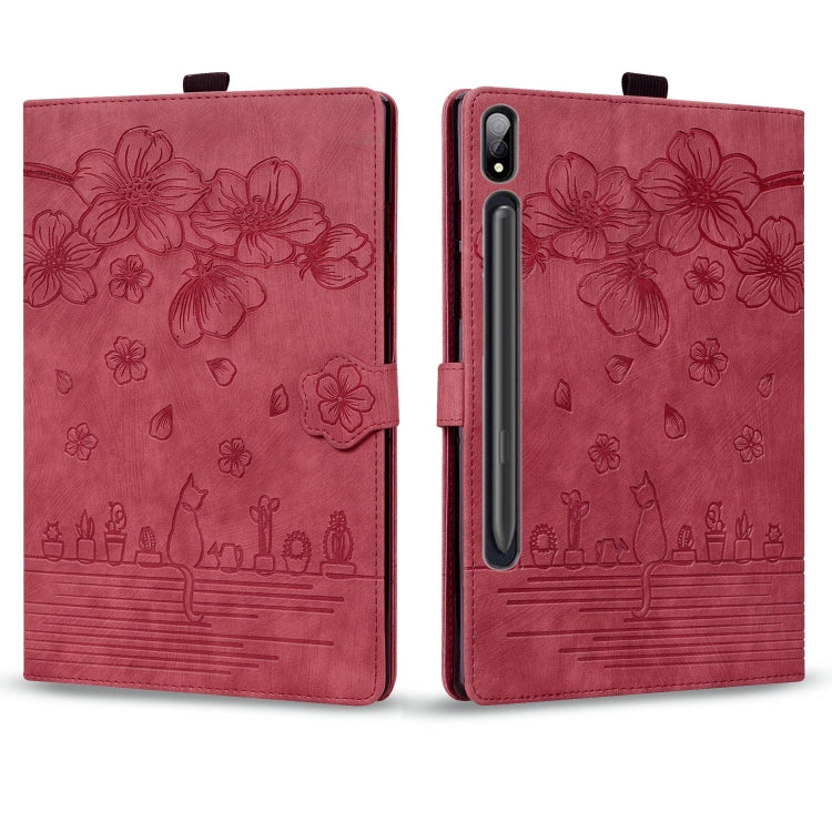 For Samsung Galaxy Tab S9 Ultra /S8 Ultra Cartoon Sakura Cat Embossed Leather Tablet Case(Red) - Galaxy Tab S9 Ultra Cases by PMC Jewellery | Online Shopping South Africa | PMC Jewellery | Buy Now Pay Later Mobicred